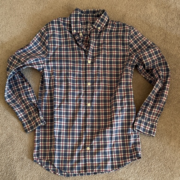 Boy’s Medium Vineyard Vines performance button down Blue and pink Plaid Shirt - Picture 1 of 4